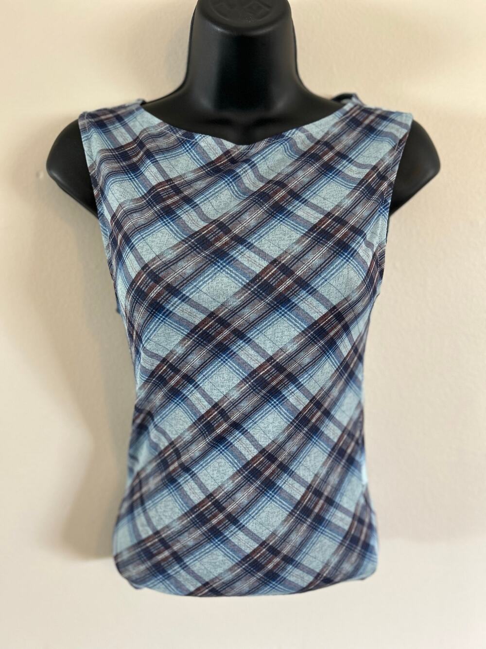 Cotton On Plaid Semi Sheer Mesh Tank Top Blue Brown Y2K 90s Size S